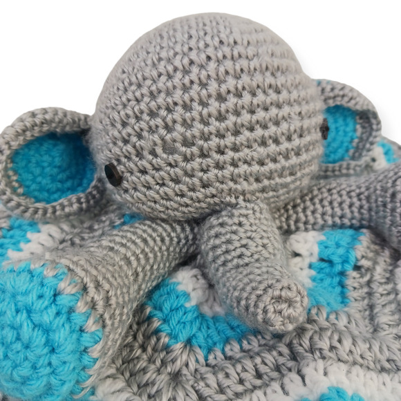Hand Crochet Elephant Lovey for Baby-Child Gray White Turquoise - Picture 4 of 6